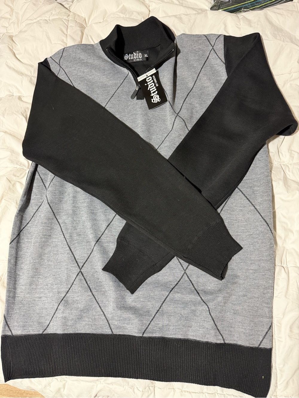 Omega Men’s Black and Gray Argyle Turtleneck Sweater